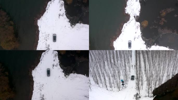 汽车雪景湖边航拍 4K素材
