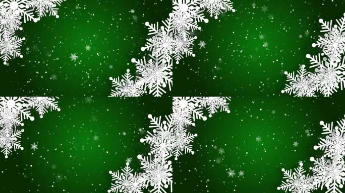 圣诞快乐框架与装饰雪花剪纸绿色背景。折纸技术。循环运动图形。