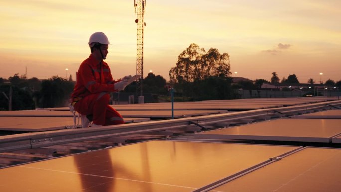 亚洲工程师负责计算太阳能电池板的数量，并将数据记录在工厂屋顶的平板上，进行最终检查或年度维护