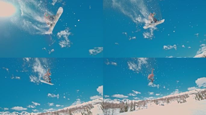 时间扭曲效果/速度斜坡的男子滑雪板练习特技。男子正在山上享受滑雪。他在度假。