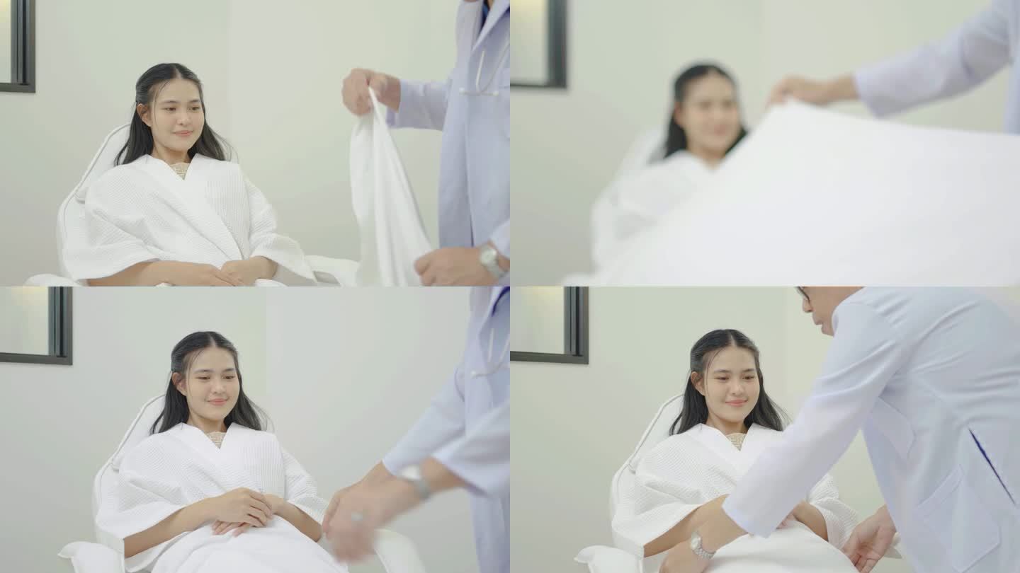 亚洲美容医生在开始治疗前给年轻的女孩病人盖上毯子，年轻的漂亮女人在美容院接受治疗。使用洁面泡沫。