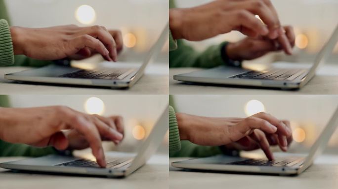 人的双手，笔记本电脑键盘和打字在家里规划研究，管理或在社交媒体上发表博客文章。特写，计算机或编辑信息