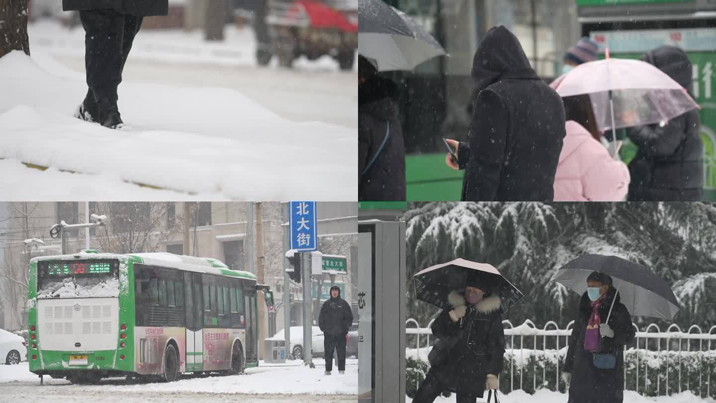 雪天等公交 冬天大雪 城市雪景