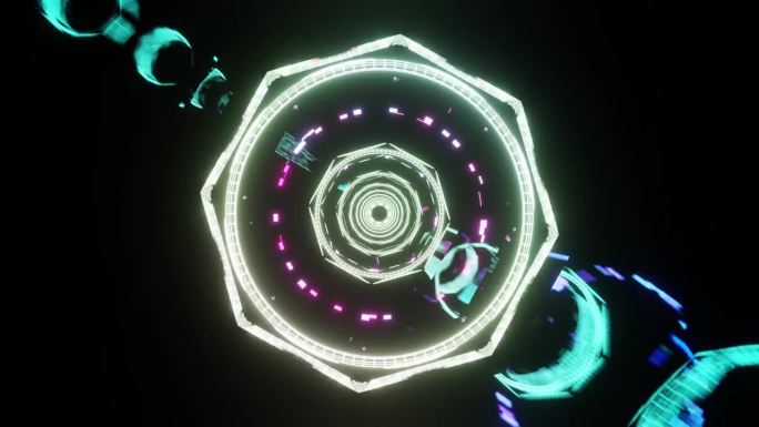 迪斯科hud隧道闪烁的紫色和白色灯光与旋转元素vj循环3d渲染。抽象的梦幻时空旅行。全视人工智能概念