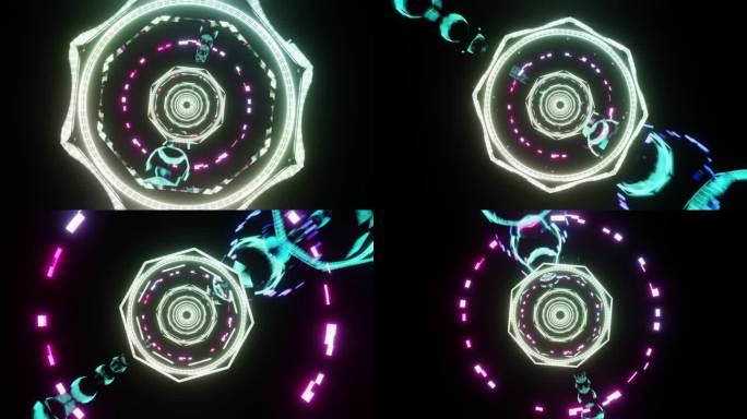 迪斯科hud隧道闪烁的紫色和白色灯光与旋转元素vj循环3d渲染。抽象的梦幻时空旅行。全视人工智能概念
