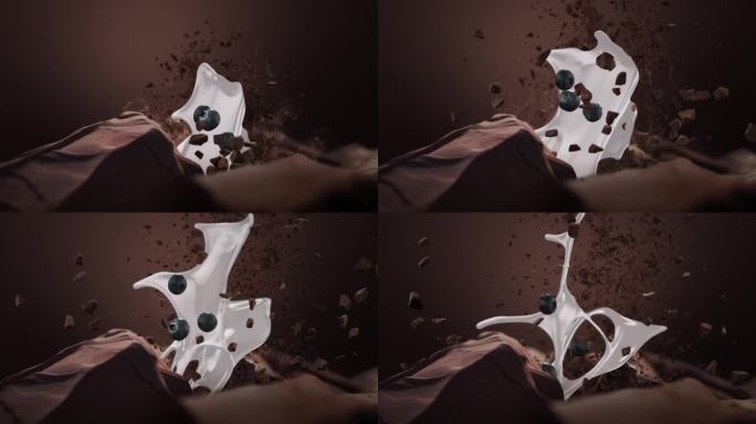 巧克力和牛奶火山的超级慢动作喷发。撒蓝莓和巧克力片