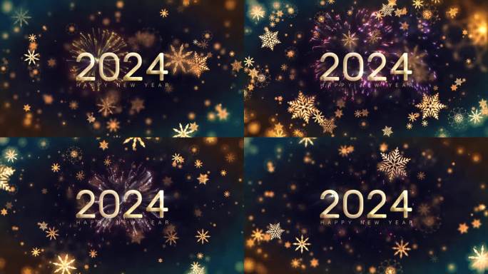 2024年新年金文闪耀光动画以美丽的金色雪花流淌和烟花电影标题抽象背景。新年标题介绍节日装饰庆祝。