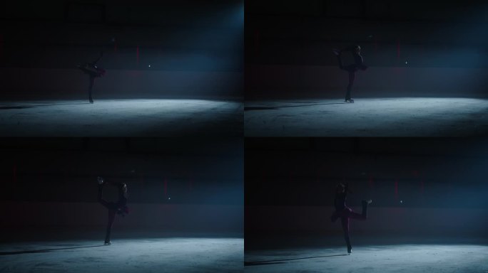 花样滑冰表演或训练中冰上旋转女子滑冰运动员的剪影