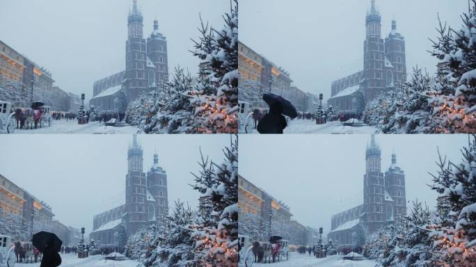 波兰克拉科夫圣诞市场上神奇的大雪冬日