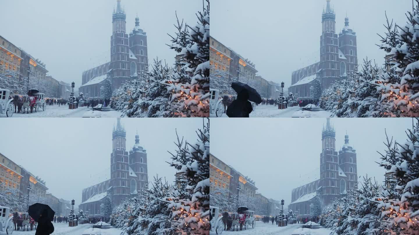 波兰克拉科夫圣诞市场上神奇的大雪冬日