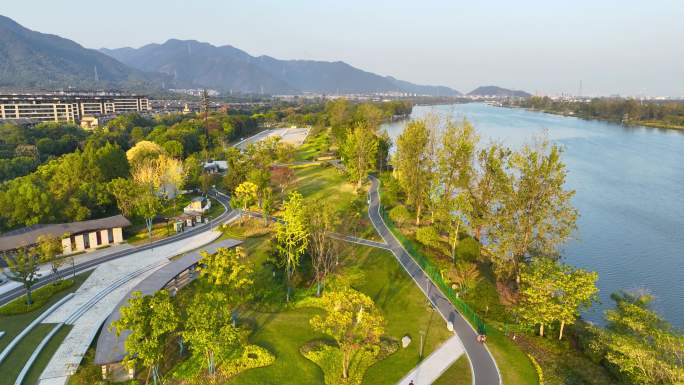 航拍杭州市富阳区东洲街道美景