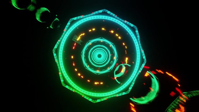 迪斯科hud隧道闪烁的彩色灯光与旋转元素vj循环3d渲染。抽象的梦幻时空旅行。全视人工智能概念