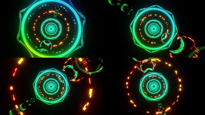 迪斯科hud隧道闪烁的彩色灯光与旋转元素vj循环3d渲染。抽象的梦幻时空旅行。全视人工智能概念