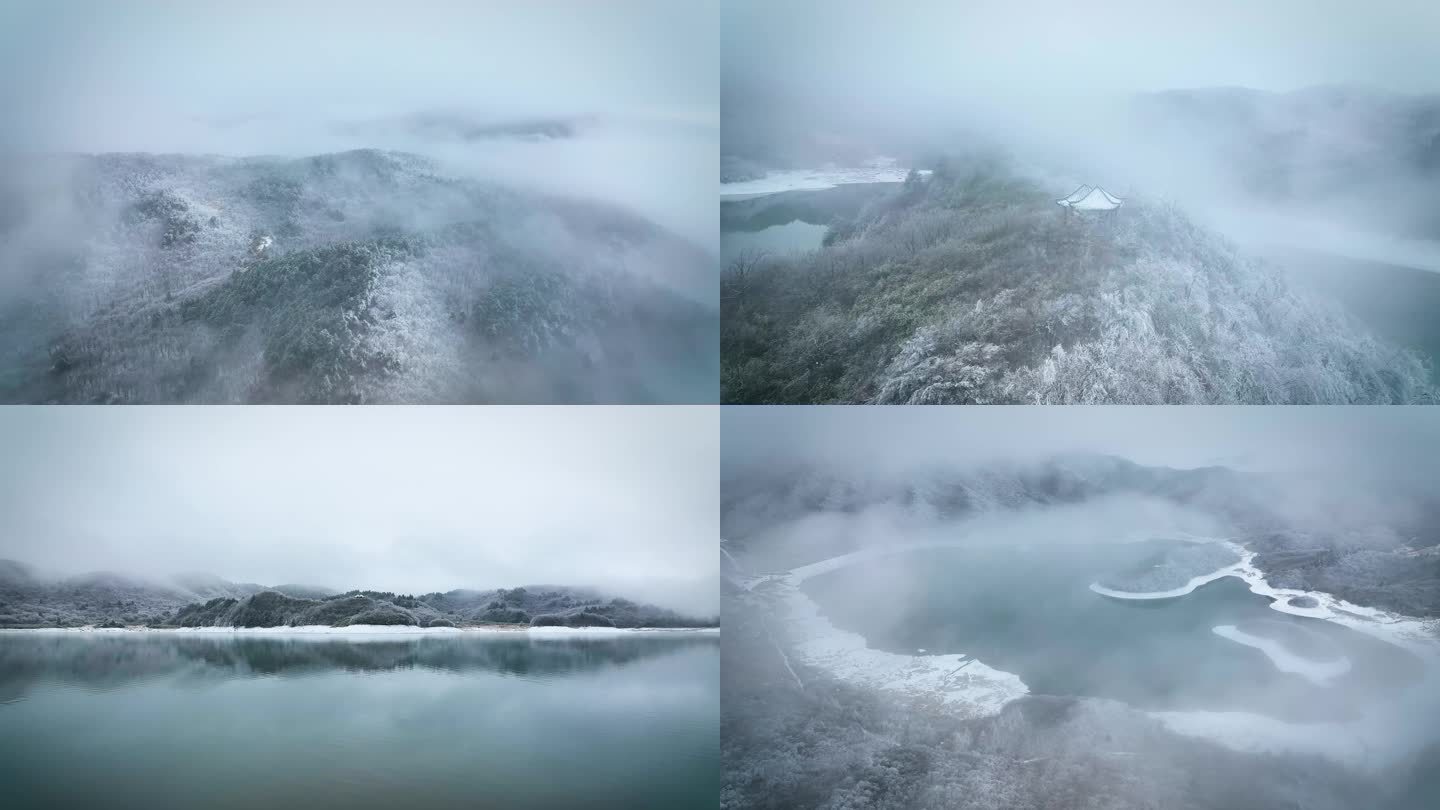 云雾 冬季 山上 湖泊 雪景