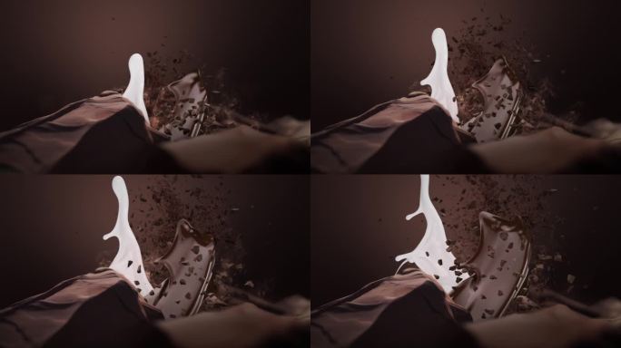 巧克力和牛奶火山的超级慢动作喷发。撒巧克力片