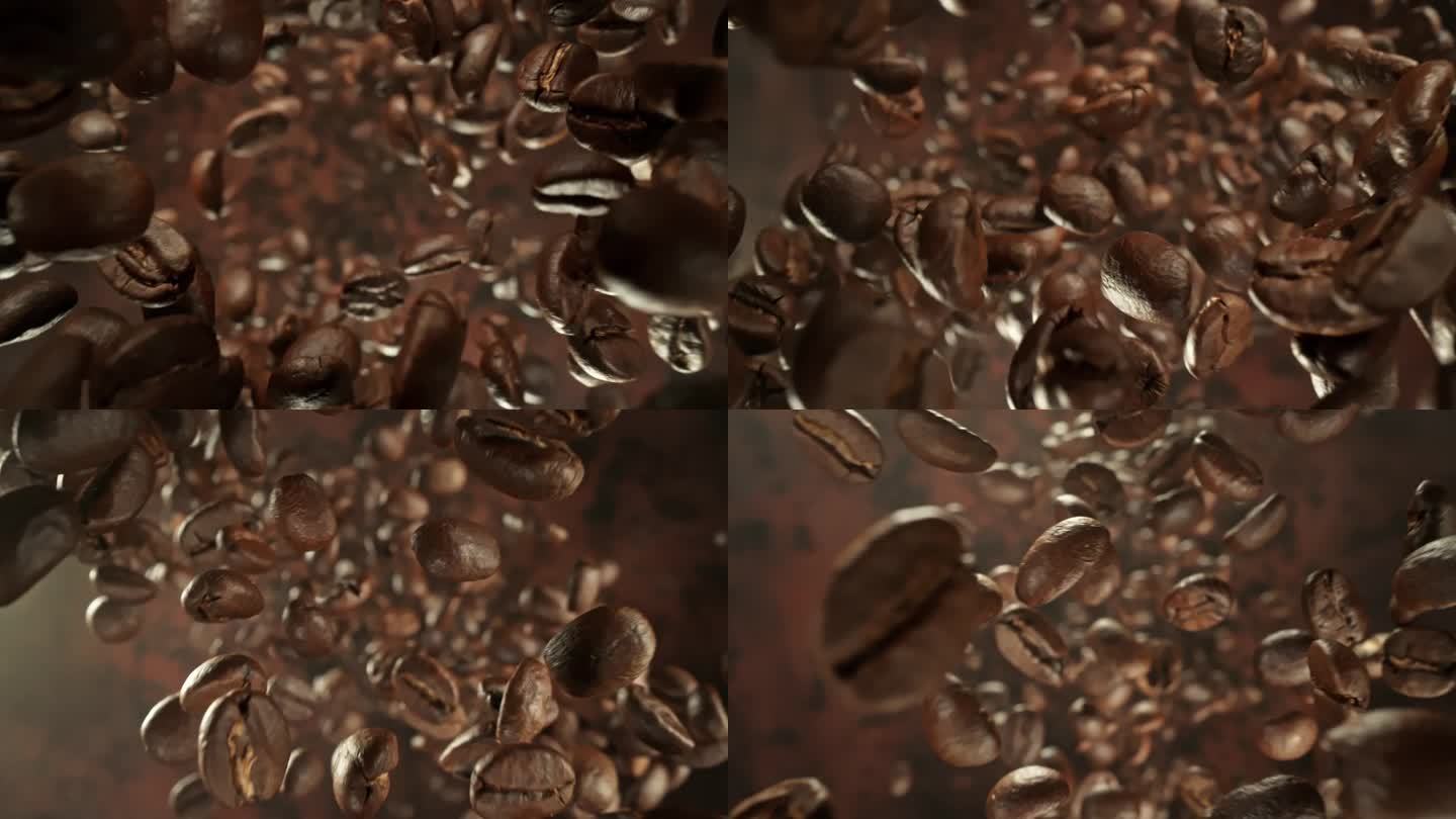 以1000fps的速度拍摄咖啡豆下落和旋转的超级慢动作细节。