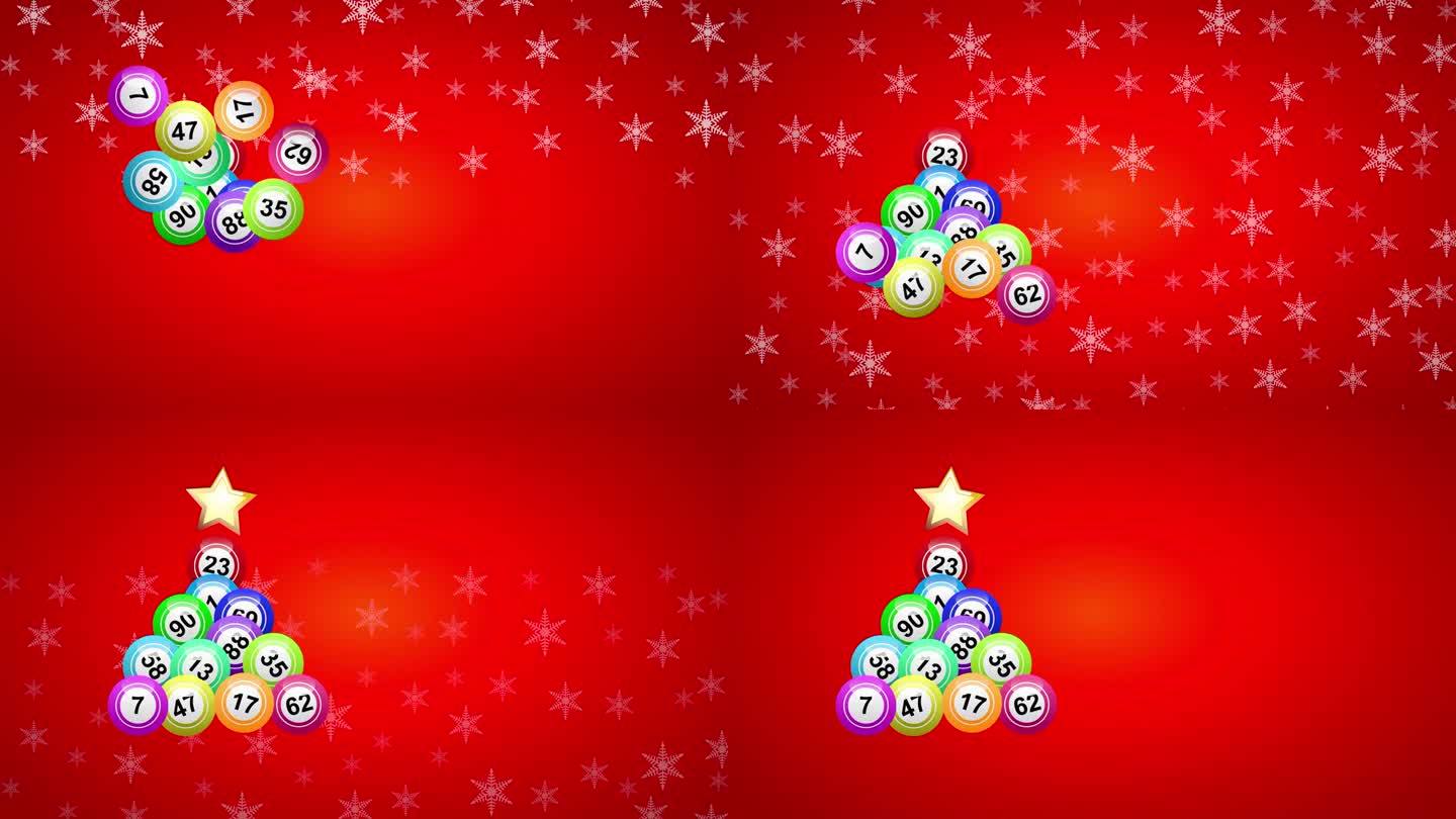 圣诞树与宾果数字在红色背景。动画演示
