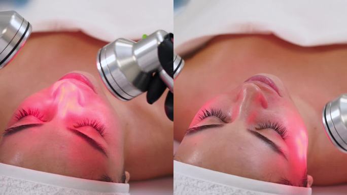 顾客在现代美容院接受LED红光面部护理，以恢复皮肤活力。抗衰老，胶原蛋白促进，痤疮治疗疗程与非侵入性