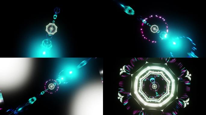 运动与光速在空间与青色和白色的镜头耀斑vj循环3d渲染。设计元素为夜总会，迪斯科舞厅，舞蹈，音乐节，