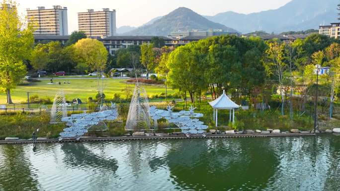 航拍杭州市富阳区东洲街道美景