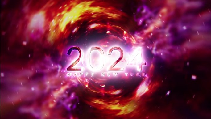 2024新年快乐辉光霓虹粉色文字光运动效果与蓝粉色超空间隧道电影标题预告片动画抽象背景。