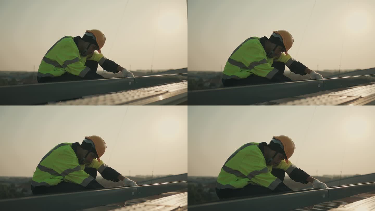 可再生能源检查:亚洲维修工人检查光伏太阳能电池板。