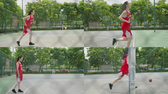红色篮球服女孩球场奔跑热情空镜多角度