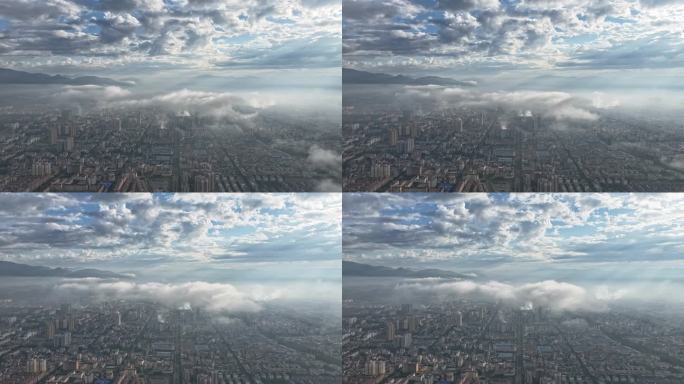 蓝天下的瑞丽市城区云卷云舒延时航拍