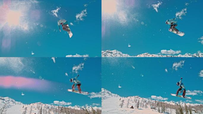 SLO MO -时间扭曲效果/速度斜坡男子滑雪板练习特技在阳光明媚的日子。男子正在山上享受滑雪。他在