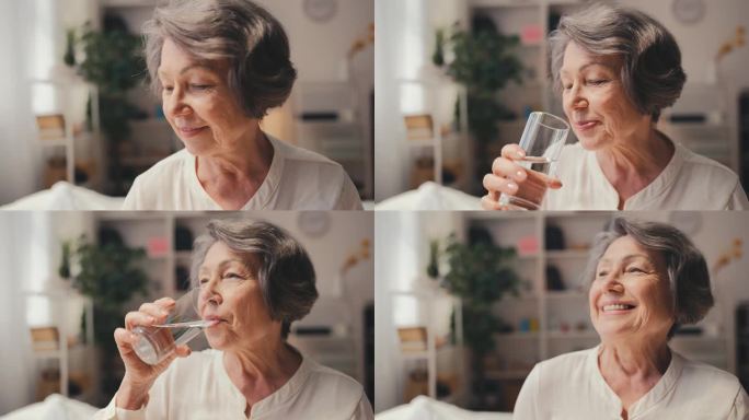 微笑老年妇女用水服药，老年健康支持