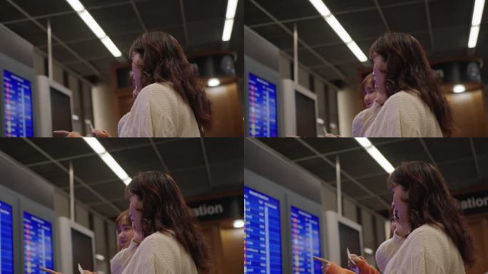 两名年轻的亚洲女子在机场查看电子登机板，查询航班、登机门和登机时间。