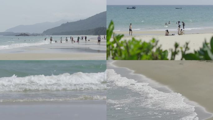 在沙滩上嬉戏的游客海水拍打沙滩