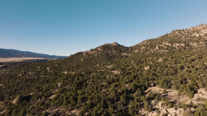 无人机在科罗拉多州的米德兰山上飞行，背景是山脉，前景是树木