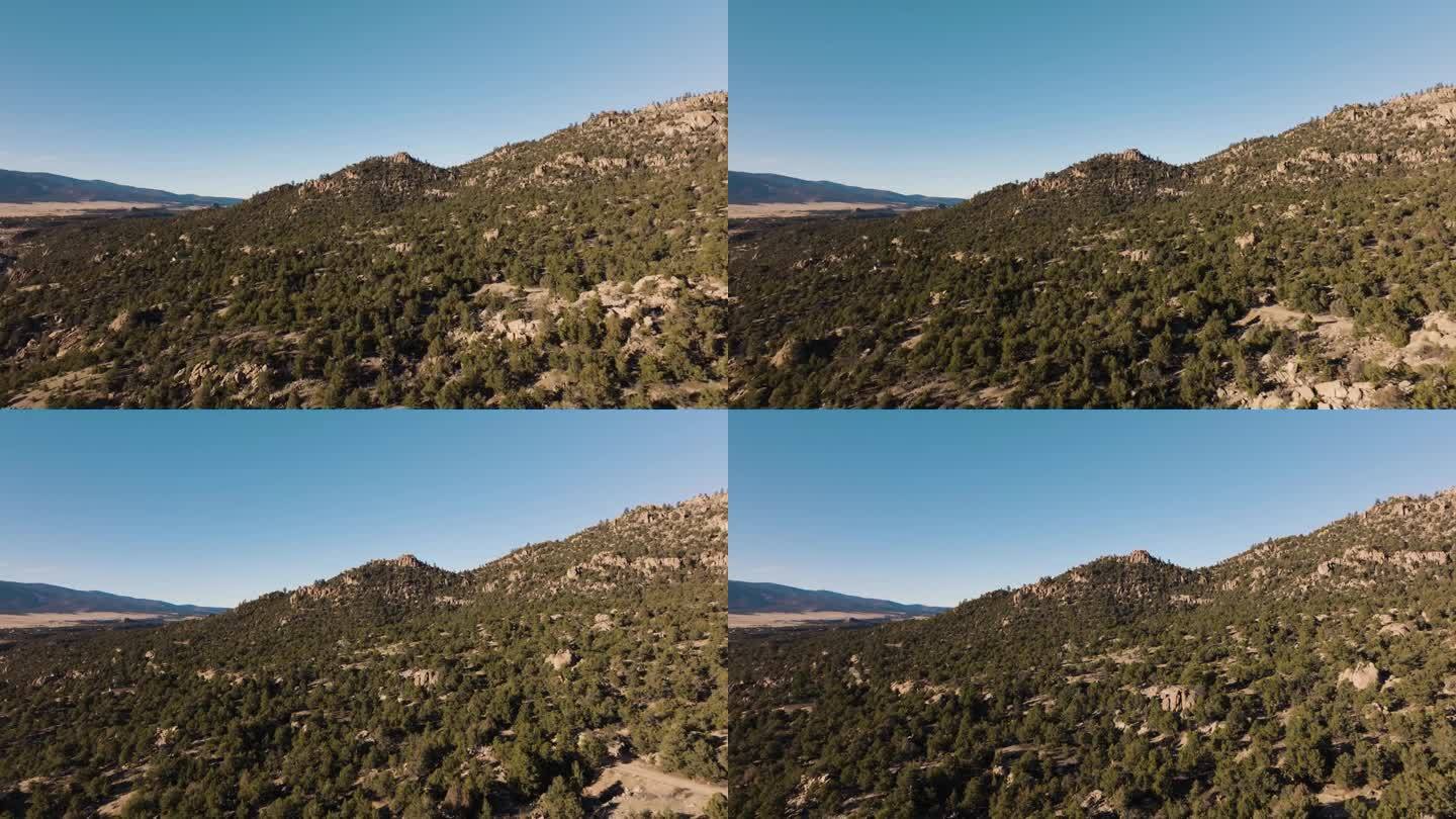 无人机在科罗拉多州的米德兰山上飞行，背景是山脉，前景是树木