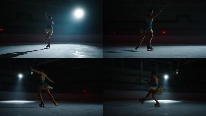 才华横溢的女花样滑冰运动员在黑暗中的溜冰场训练，电影，女士的剪影