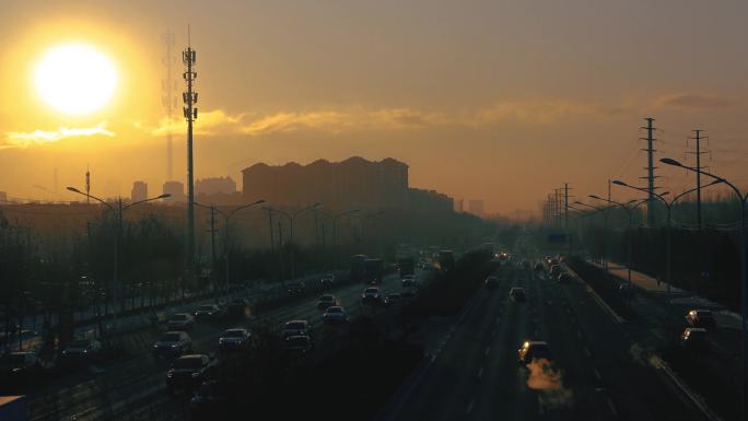 1日出 城市 车流 东北的冬天 云 太阳
