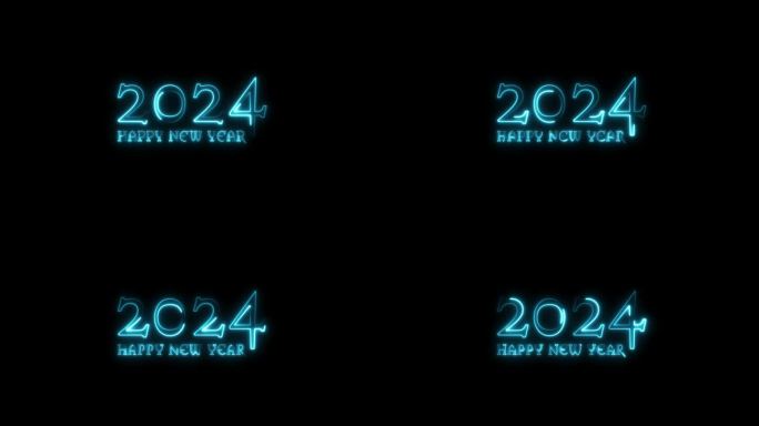 在黑暗的背景上，出现了发光的蓝色数字2024和新年快乐的文字。动画新年祝福与阿尔法频道。使用叠加模式