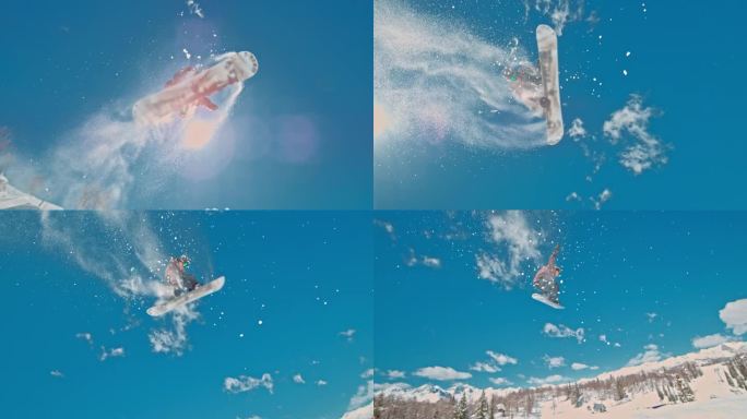 在阳光明媚的日子里，滑雪板运动员的SLO MO。男子正在雪山上玩单板滑雪。他喜欢冬季运动。