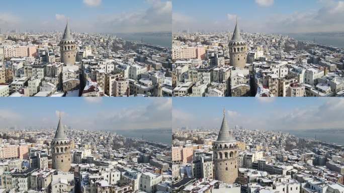 加拉塔在冬季无人机视频，加拉塔Beyoglu，伊斯坦布尔土耳其(土耳其)