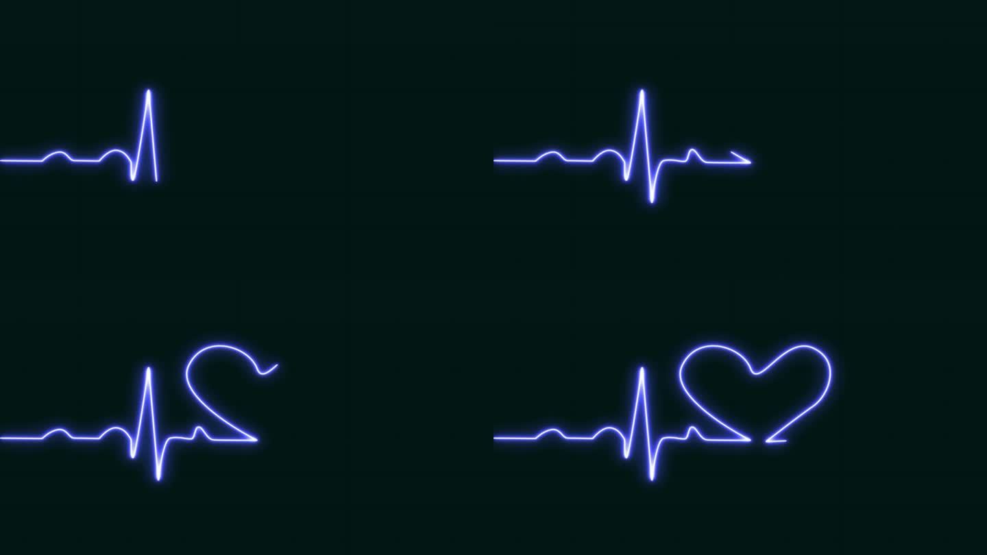 心跳脉搏率发光蓝色爱形霓虹灯环动画蓝色网格背景。心电图60 BPM循环屏幕，蓝色带网格。心率监测器。