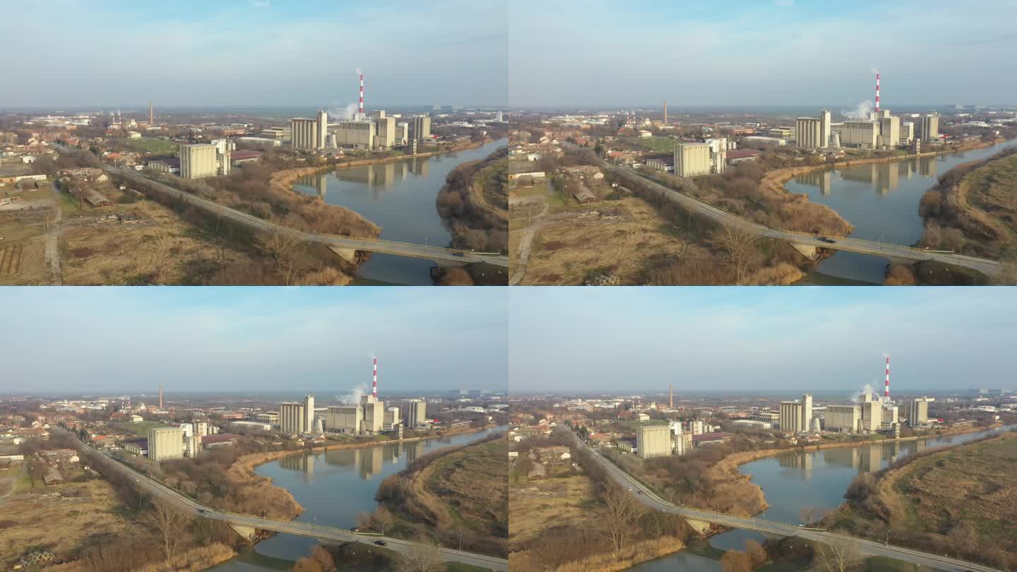 高烟囱工业综合火电厂冬季鸟瞰图