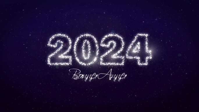 2024年新年快乐。2024年波恩年会。移动的闪光轮廓。法国的文本。宇宙背景。