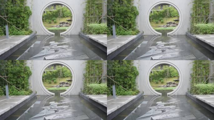 4K实拍，广州新文化馆仿古建筑拱门水景。