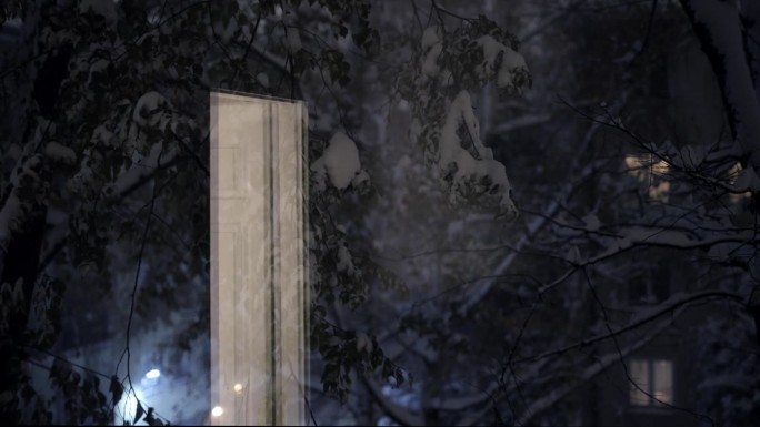 雪，夜，窗景，反射门