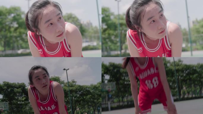 篮球女孩汗水坚定眼神看向篮筐慢动作多个镜