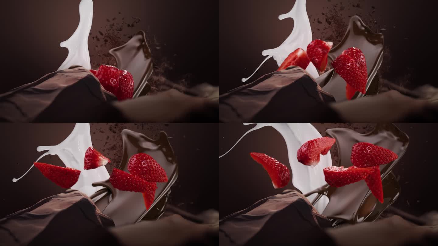 巧克力和牛奶火山的超级慢动作喷发。撒草莓片