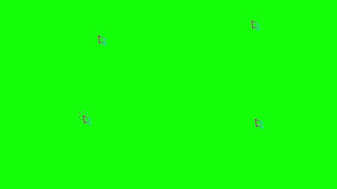 鼠标光标的粉色蓝色动画符号。箭头移出并点击。图标在素描风格。手绘矢量插图隔离在绿色背景。