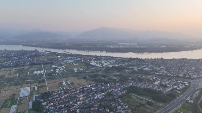 航拍杭州市富阳区东洲街道美景