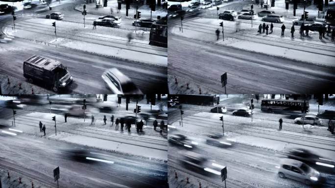 在冬天的一天里，热闹的城市街道上有汽车和行人