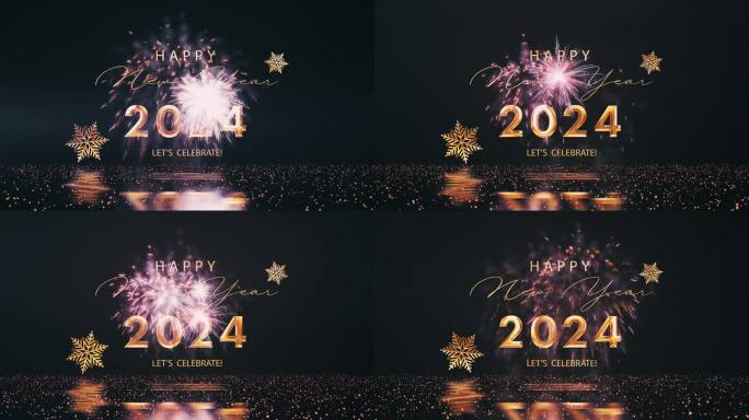 循环新年快乐2024让我们庆祝金色的文字与美丽的烟花动画标题抽象背景。新年主题背景为庆祝活动，冬季圣
